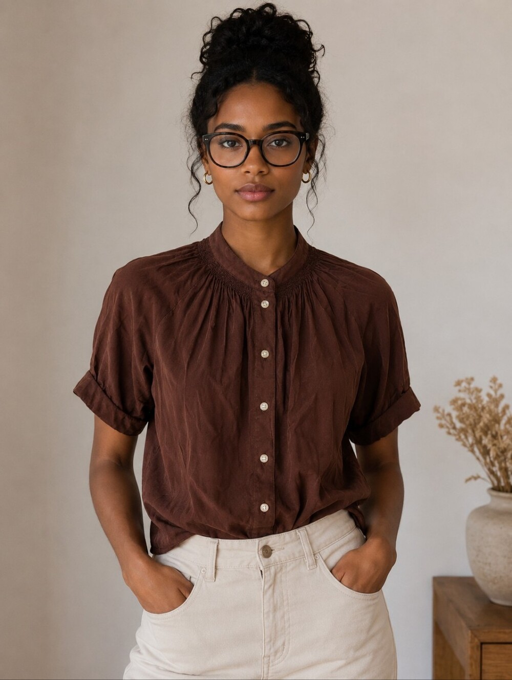 PART TWO COPENHAGEN BROWN SATIN BLOUSE SIZE 34 ELEGANT BUTTON FRONT TOP